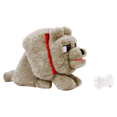 Minecraft Food Mode Dennis wolf plush lying down next to its white bone accessory