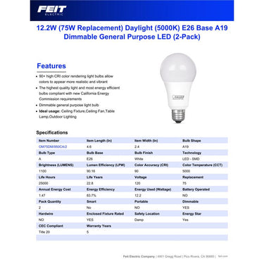 Feit Enhance A19 E26 (Medium) LED Bulb Daylight 75 Watt Equivalence 2 pk