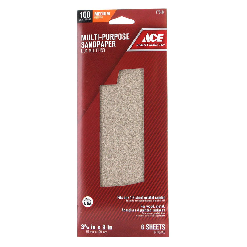 Load image into Gallery viewer, Ace 9 in. L X 3-2/3 in. W 100 Grit Aluminum Oxide Sandpaper 6 pk
