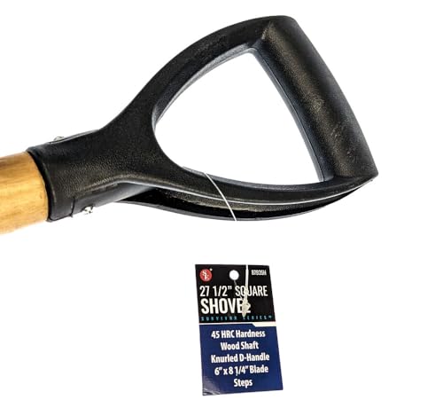 SE 27-1/2 Inch Steel Square Shovel with Wood Handle - 45 HRC Hardness, Knurled D-Handle, 8-1/4