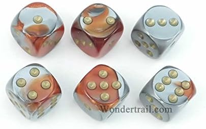 Chessex Orange and Steel with Gold Pips 16mm D6 Dice Gemini Pack of 6 Dice