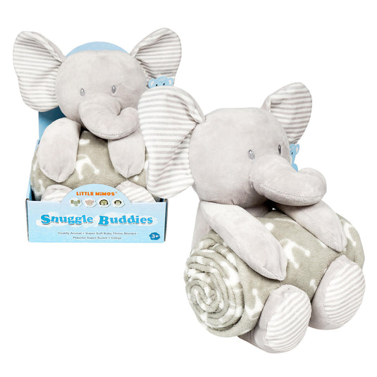 Snuggle Buddies Blanket- W/ Elephant Plush Toy- Grey and White