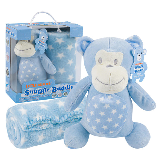 Snuggle Buddies Blanket- W/ Monkey Plush Toy- Blue and White