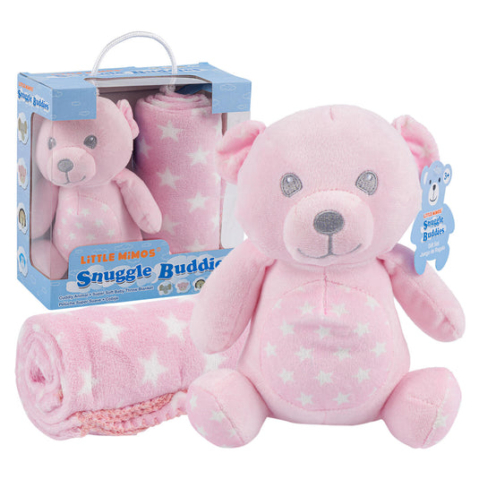 Snuggle Buddies Blanket- W/ Bear Plush Toy- Pink and White