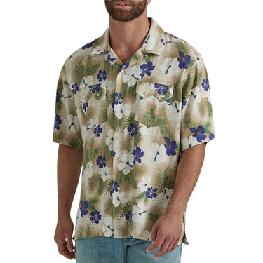 Wrangler Men's Hibiscus Print Coconut Cowboy Shirt (Tan/Blue) Size XXL