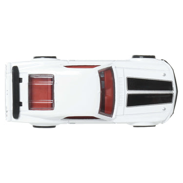 Top-down view of the white Hot Wheels 1969 Ford Mustang Boss 302 die-cast car with black hood stripes