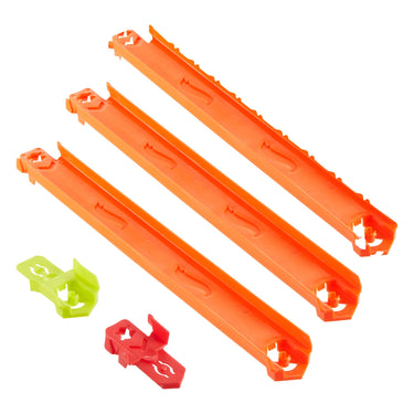 Three orange straight Hot Wheels track pieces with green and red adapters