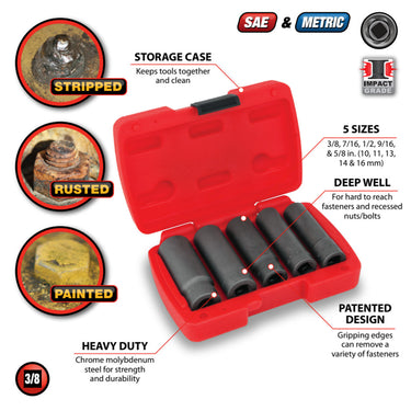 Performance Tool 5 pc. 3/8" Dr. Deep Bolt Extractor Set