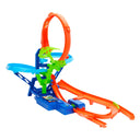 Hot Wheels Mid-Air Crash track set assembled with orange loop, blue curves and motorized booster