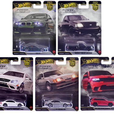 Five Hot Wheels Car Culture Power Trip cars in blister packs: BMW M3, F-150 Lightning, Mercedes CLK 63, Mustang SVO and Jeep Trackhawk