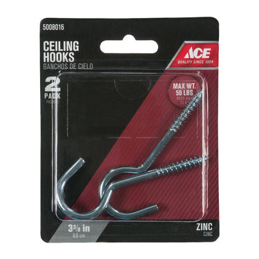 Ace Small Zinc-Plated Steel 3.375 in. L Ceiling Hook 50 lb 2 pk