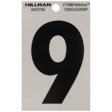 HILLMAN 3 in. Reflective Black Vinyl Self-Adhesive Number 9 1 pc