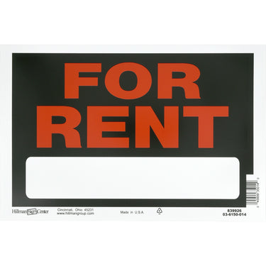 HILLMAN English Black For Rent Sign 8 in. H X 12 in. W