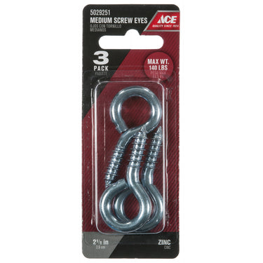 Ace 9/32 in. D X 2-1/8 in. L Zinc-Plated Steel Screw Eye 140 lb. cap. 3 pk
