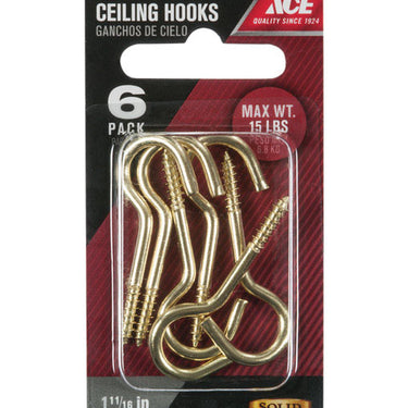 Ace Small Polished Brass Gold Brass 1.6875 in. L Ceiling Hook 15 lb 6 pk