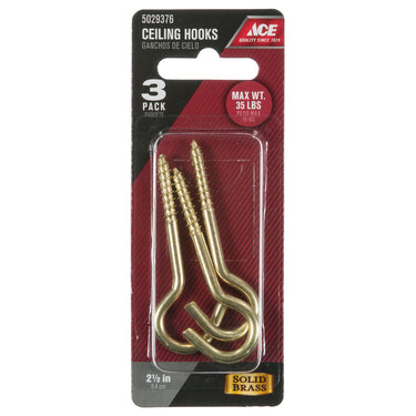 Ace Small Polished Brass Green Brass 2.5 in. L Ceiling Hook 35 lb 3 pk