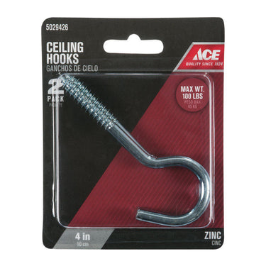 Ace Small Zinc-Plated Silver Steel 4.0625 in. L Ceiling Hook 100 lb 2 pk