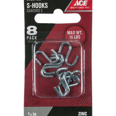Ace Small Zinc-Plated Silver Steel 0.75 in. L S-Hook 15 lb 8 pk
