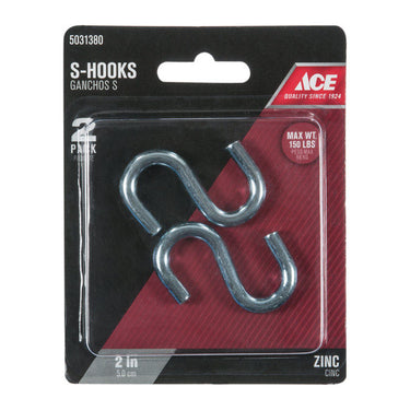 Ace Small Zinc-Plated Silver Steel 2 in. L S-Hook 150 lb 2 pk