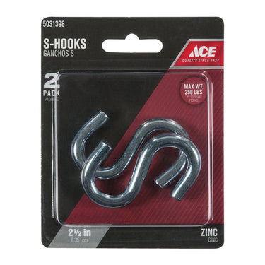Ace Small Zinc-Plated Silver Steel 2.5 in. L S-Hook 250 lb 2 pk