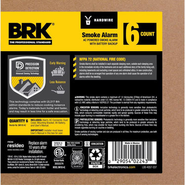 BRK Hard-Wired w/Battery Back-up Ionization Smoke Detector 6 pk