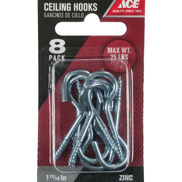 Ace Small Zinc-Plated Silver Steel 1.6875 in. L Ceiling Hook 25 lb 8 pk