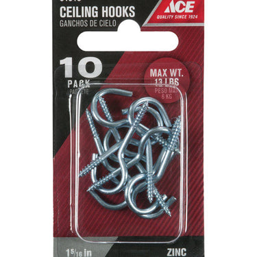 Ace Small Zinc-Plated Silver Steel 1.3125 in. L Ceiling Hook 13 lb 10 pk