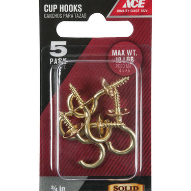 Ace Medium Polished Brass Green Brass 1.125 in. L Cup Hook 10 lb 5 pk