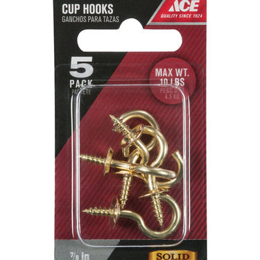 Ace Small Polished Brass Green Brass 1.25 in. L Cup Hook 10 lb 5 pk