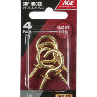 Ace Medium Polished Brass Green Brass 1 in. L Cup Hook 25 lb 4 pk