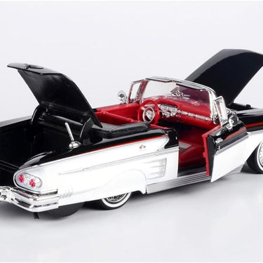 1958 Chevy Impala Convertible Lowrider Black and White with Red Interior Get Low Series 1/24 Diecast Model Car