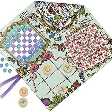 Alice in Wonderland Themed Games mat with 5 Classic Family Games, Chess, Draughts, Noughts & Crosses, Snakes & Ladders