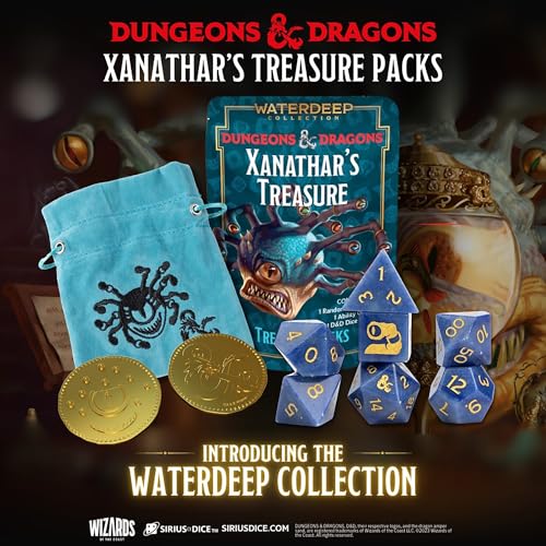 Dungeons & Dragons: Xanathar's Treasure Pack - Randomly Assorted Set W/ 7pc Dice, Metal Coin & Dice Bag - RPG, D&D Waterdeep Collection, Sirius Dice