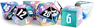 FanRoll 16mm Aluminum Plated Acrylic Poly DND Dice Set: Rainbow Aegis w/White Numbers