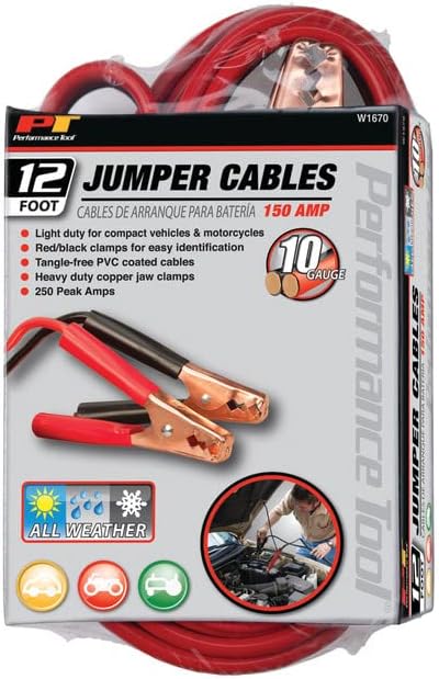 Performance Tool W1670 12' 10-Gauge 150 AMP All Weather Jumper Cables