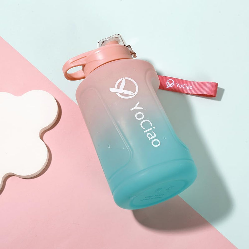 Load image into Gallery viewer, 50oz/1.5 Liter Sports Water Bottle with Wide Mouth and Handle, Motivational Time Marker, BPA Free Water Jug - Ideal for Gym and Outdoor Activities, Stylish in Pink and Green Gradient (1 Water Bottle per Purchase)
