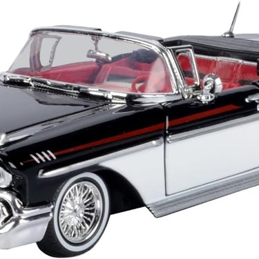 1958 Chevy Impala Convertible Lowrider Black and White with Red Interior Get Low Series 1/24 Diecast Model Car