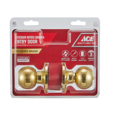 Ace Ball Knob Polished Brass Entry Door Knob KW1 1-3/4 in.