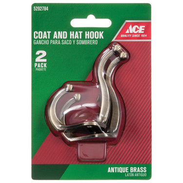 Ace 3 in. L Antique Brass Gold Brass Small Coat and Hat Hook 2 pk