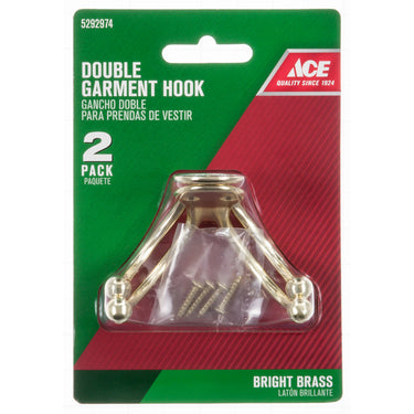 Ace 1-3/4 in. L Bright Brass Yellow Brass Small Double Garment Hook 2 pk