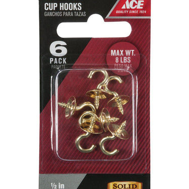 Ace Small Polished Brass Green Brass 0.1875 in. L Cup Hook 8 lb 6 pk