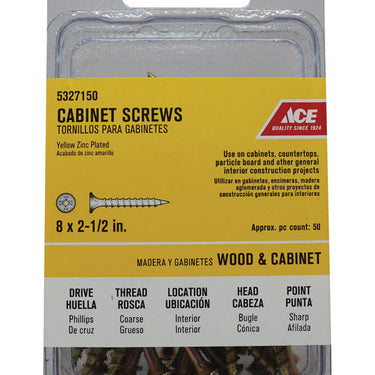Ace No. 8 X 2-1/2 in. L Phillips Yellow Zinc Coarse Cabinet Screws 50 pk