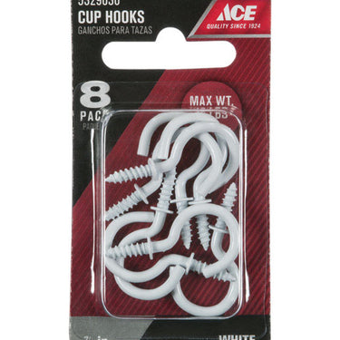 Ace Small White Steel 0.875 in. L Cup Hook 8 pk