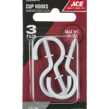 Ace Small White Steel 1.1875 in. L Cup Hook 20 lb 3 pk