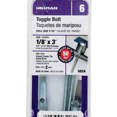 HILLMAN 1/8 in. D X 3 in. L Round Steel Toggle Bolt 2 pk