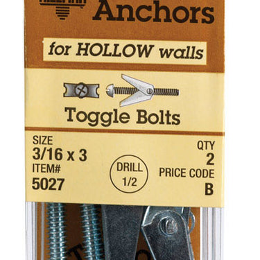 HILLMAN 3/16 in. D X 3 in. L Round Steel Toggle Bolt 2 pk