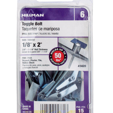 HILLMAN 1/8 in. D X 2 in. L Round Steel Toggle Bolt 15 pk