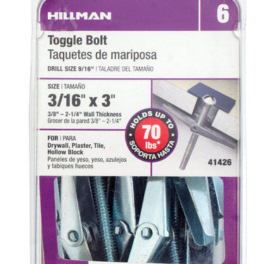 HILLMAN 3/16 in. D X 3 in. L Round Steel Toggle Bolt 10 pk
