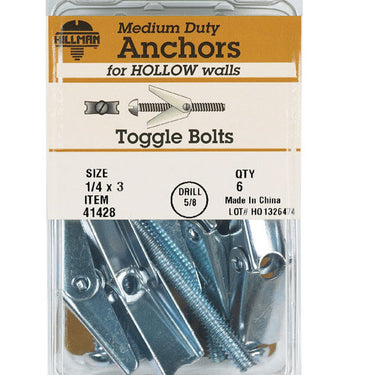 HILLMAN 1/4 in. D X 3 in. L Round Steel Toggle Bolt 6 pk