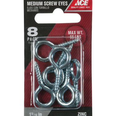 Ace 5/32 in. D X 1-5/16 in. L Zinc-Plated Steel Screw Eye 55 lb. cap. 8 pk